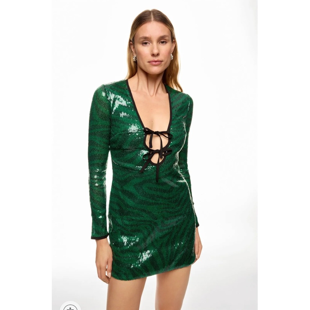 The Wolf Gang Brillo Dress Green Sequin Zebra Print Long Sleeve V Neck Sz M